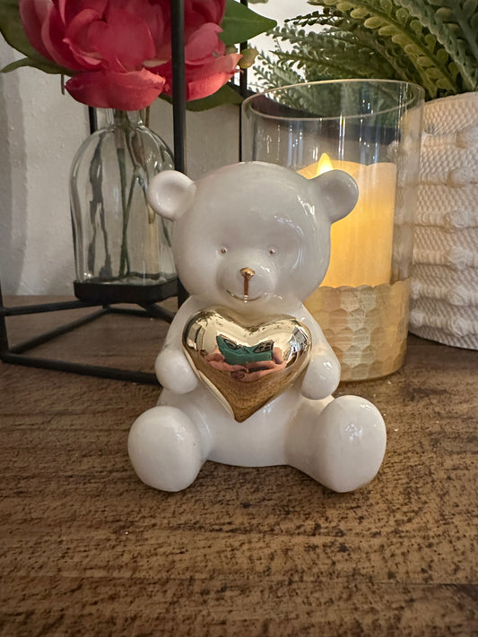 Ceramic Bear Holding Gold Heart