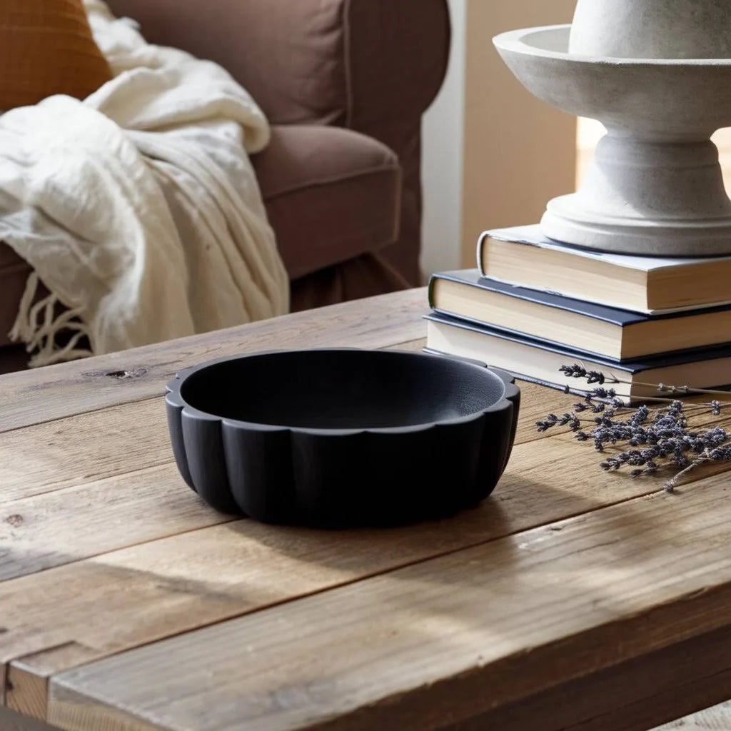 Black Scalloped Wood Bowl 9in