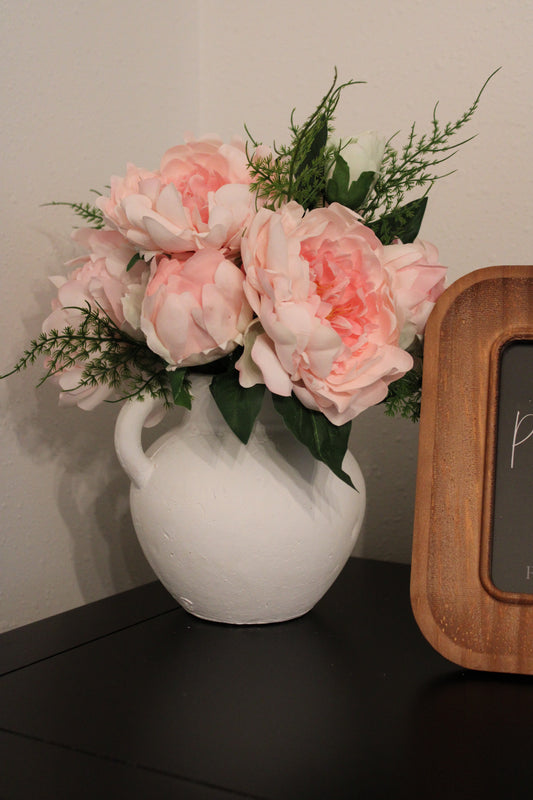 Blush Peony Faux Floral Arrangement in White Clay Vase