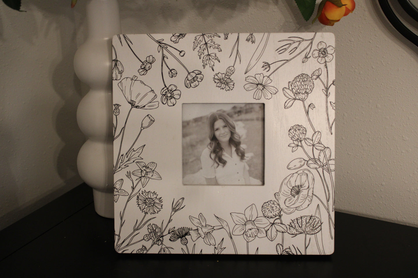 White with Black Floral Picture Frame - Defective print on 1 side
