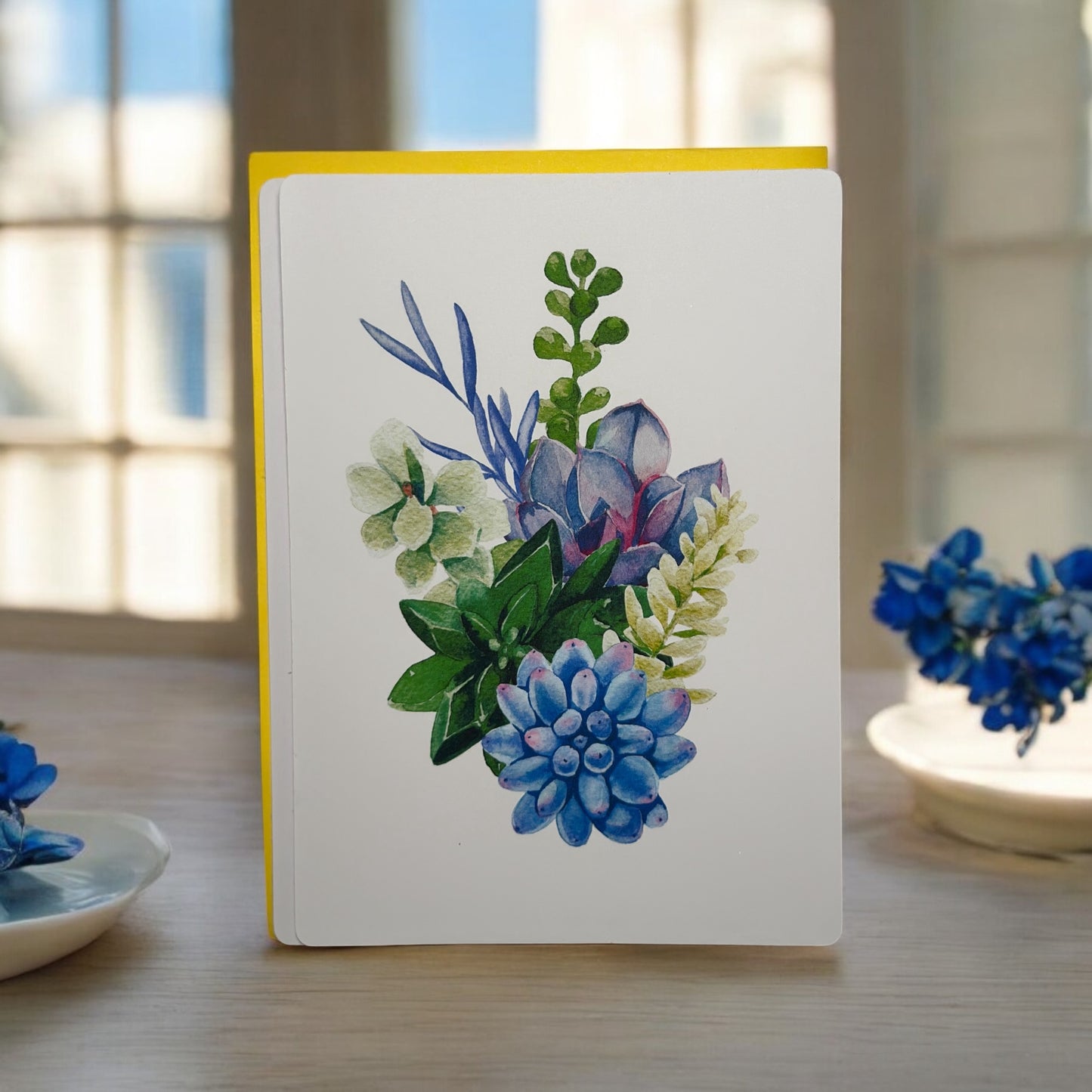 Blue, Green & Purple Succulents Greeting Card w/Yellow Envelope