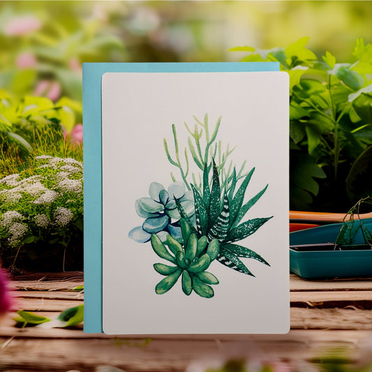 Green Succulents Greeting Card w/Light Blue Envelope