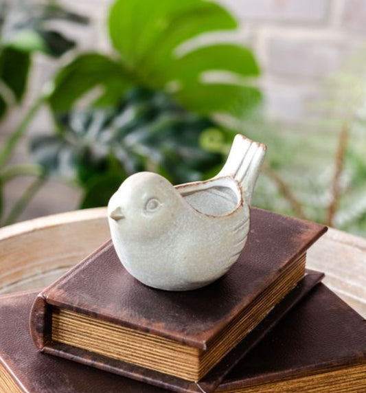 TAN W/ WHITE WASH BIRD POT 4"