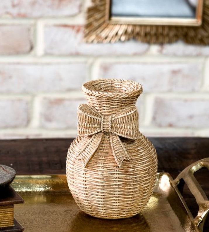 POLYRESIN BOW WEAVE VASE 6"