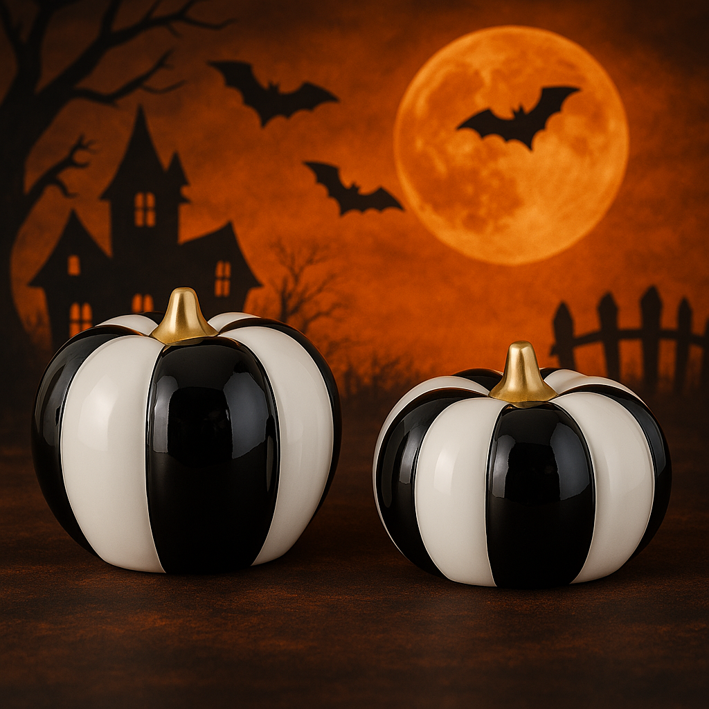 Black & White Striped Pumpkins - Set of 2