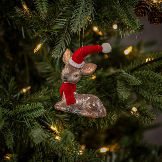 4"  COZY FAWN W/ SANTA HAT ORNAMENT