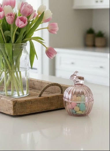 Pink Bunny Glass Covered Dish Easter