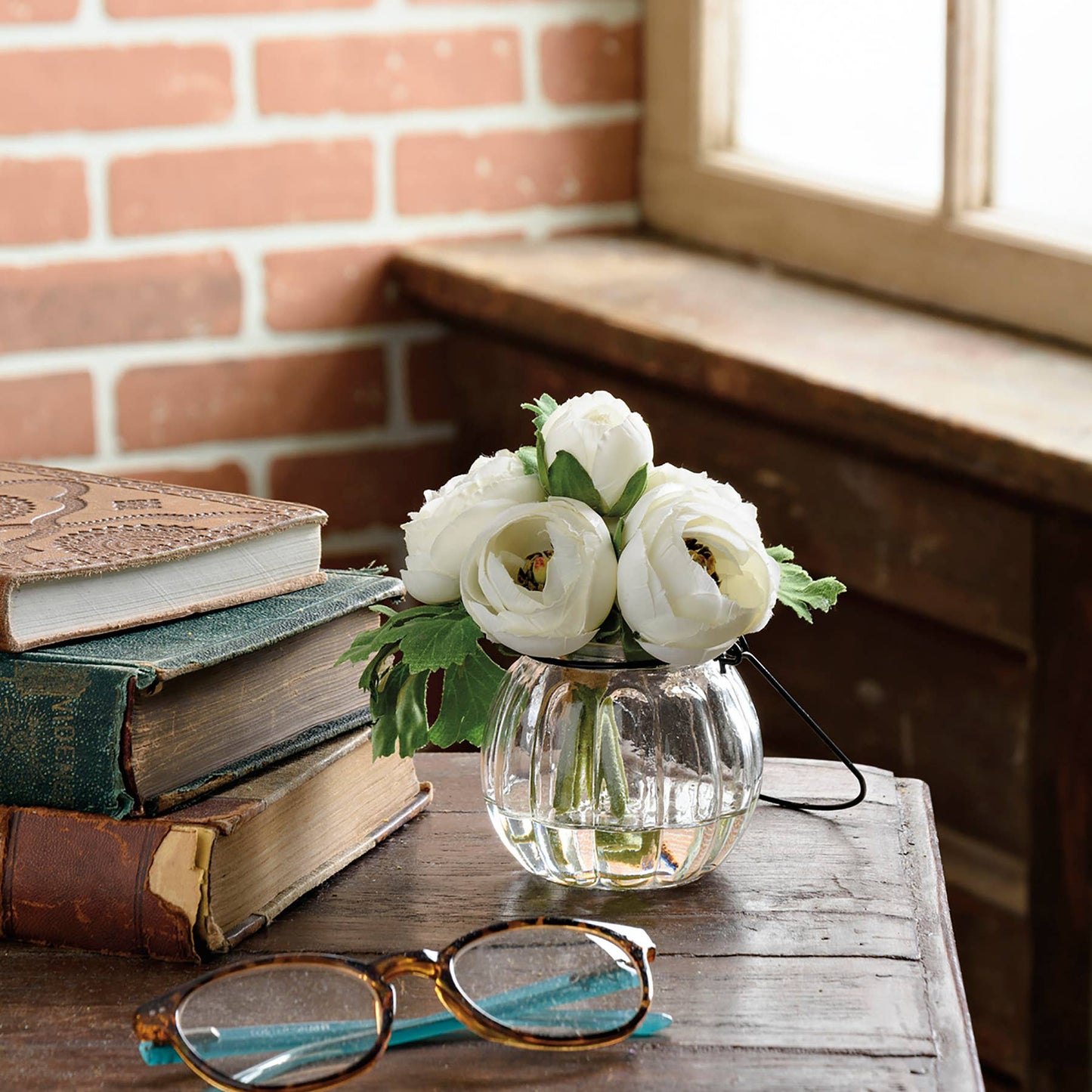 White Ranunculus in Glass Vase