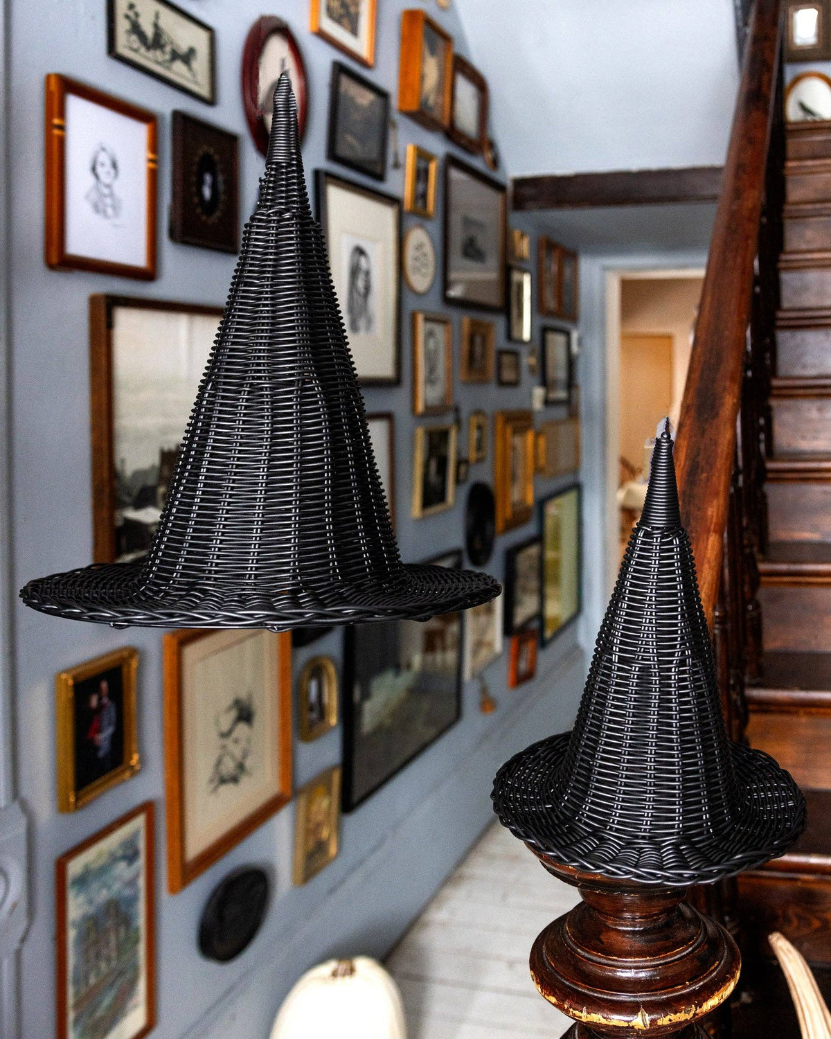 Black Witches Hat- Faux Wicker - 15"