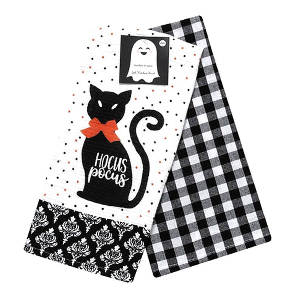 2PCS - Cat Silhouette Hocus Pocus Message Checkered Pattern Kitchen Towel Set