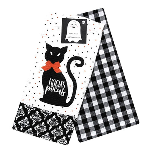 2PCS - Cat Silhouette Hocus Pocus Message Checkered Pattern Kitchen Towel Set