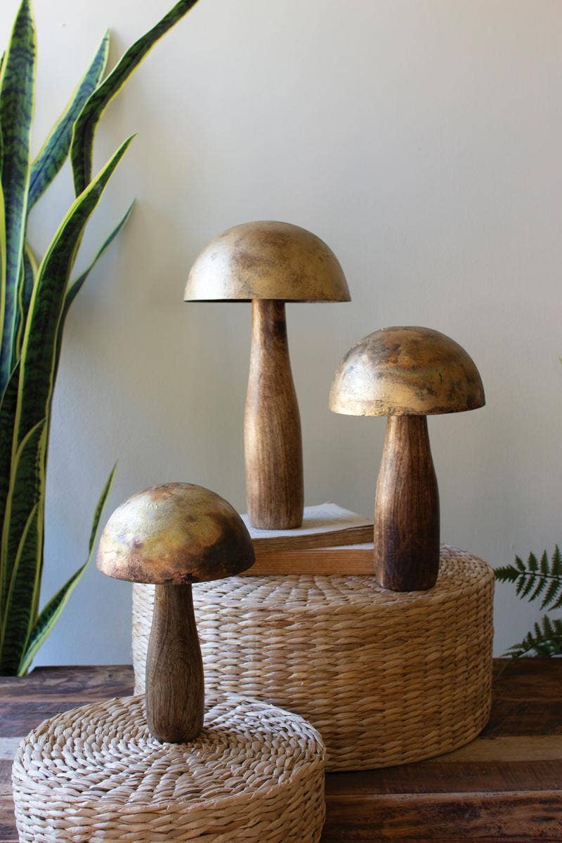 ANTIQUE BRASS MUSHROOMS WITH WOODEN BASES(Set Of 3)