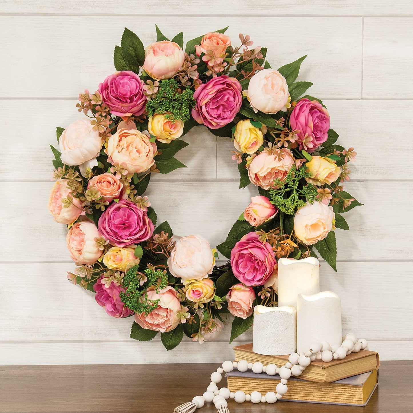 Mixed Cabbage Rose Wreath - 22"