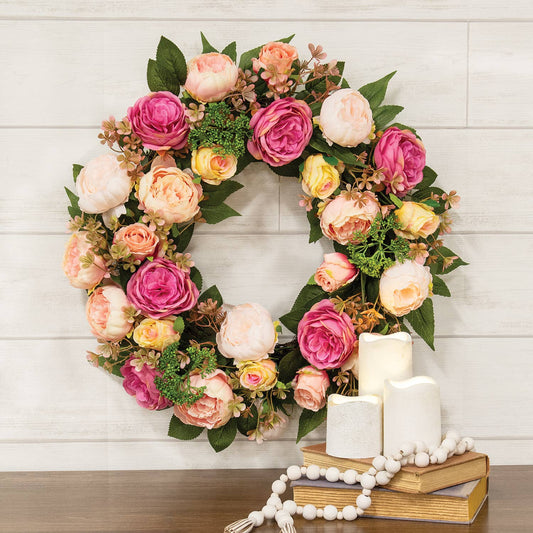 Mixed Cabbage Rose Wreath - 22"