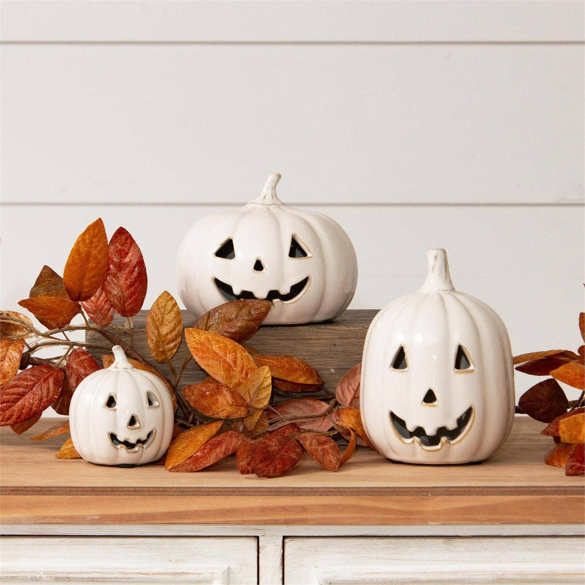 White Glazed Ceramic Jack O' Lanterns (Set of 3)