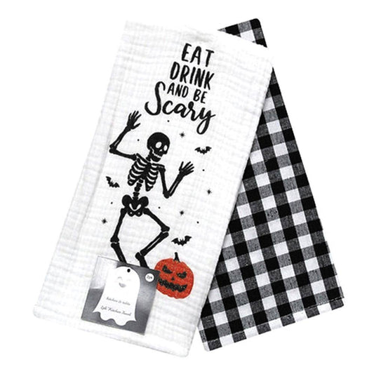 2PCS - Skeleton Pumpkin Eat Drink And Be Scary Message Checkered Pattern Kitchen Towel Set