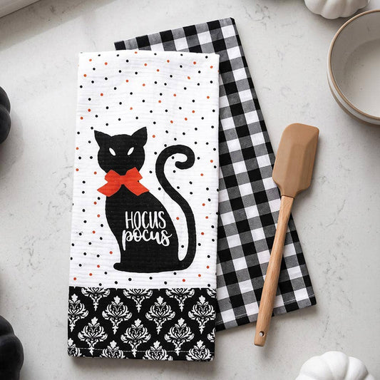 2PCS - Cat Silhouette Hocus Pocus Message Checkered Pattern Kitchen Towel Set