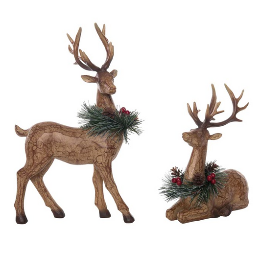 Carved Reindeer w/ Pine Wreaths (Set of 2)