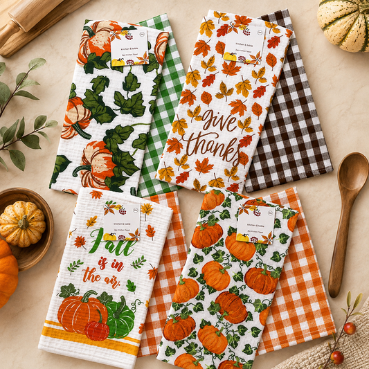2PCS - Pumpkin Vine Print Checkered Pattern Kitchen Towel Set