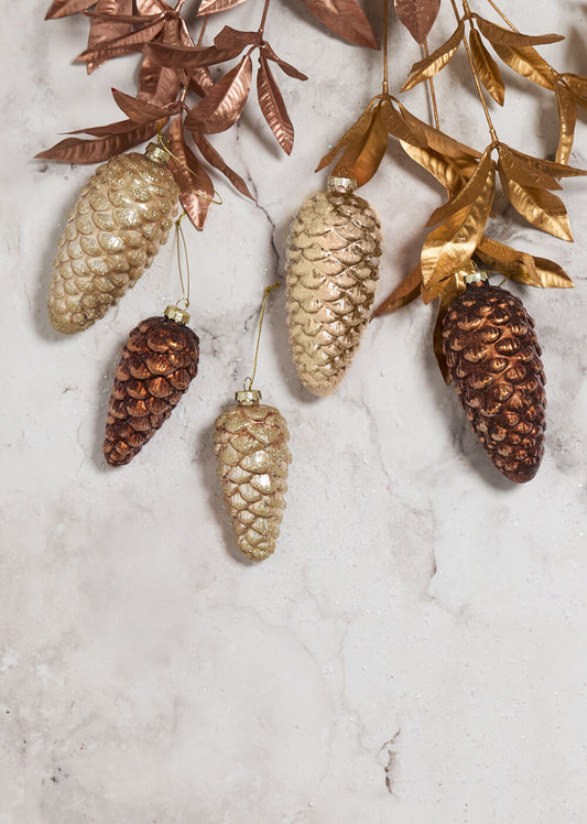 Frosted Pine Cone Ornaments - Brown and Gold (2 sizes)