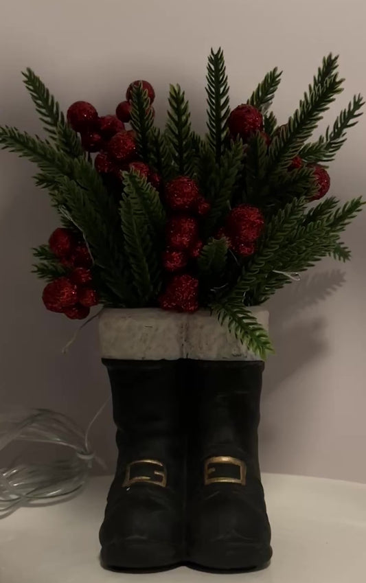 Santa Boot Holiday Arrangement w/ Glittered Berries