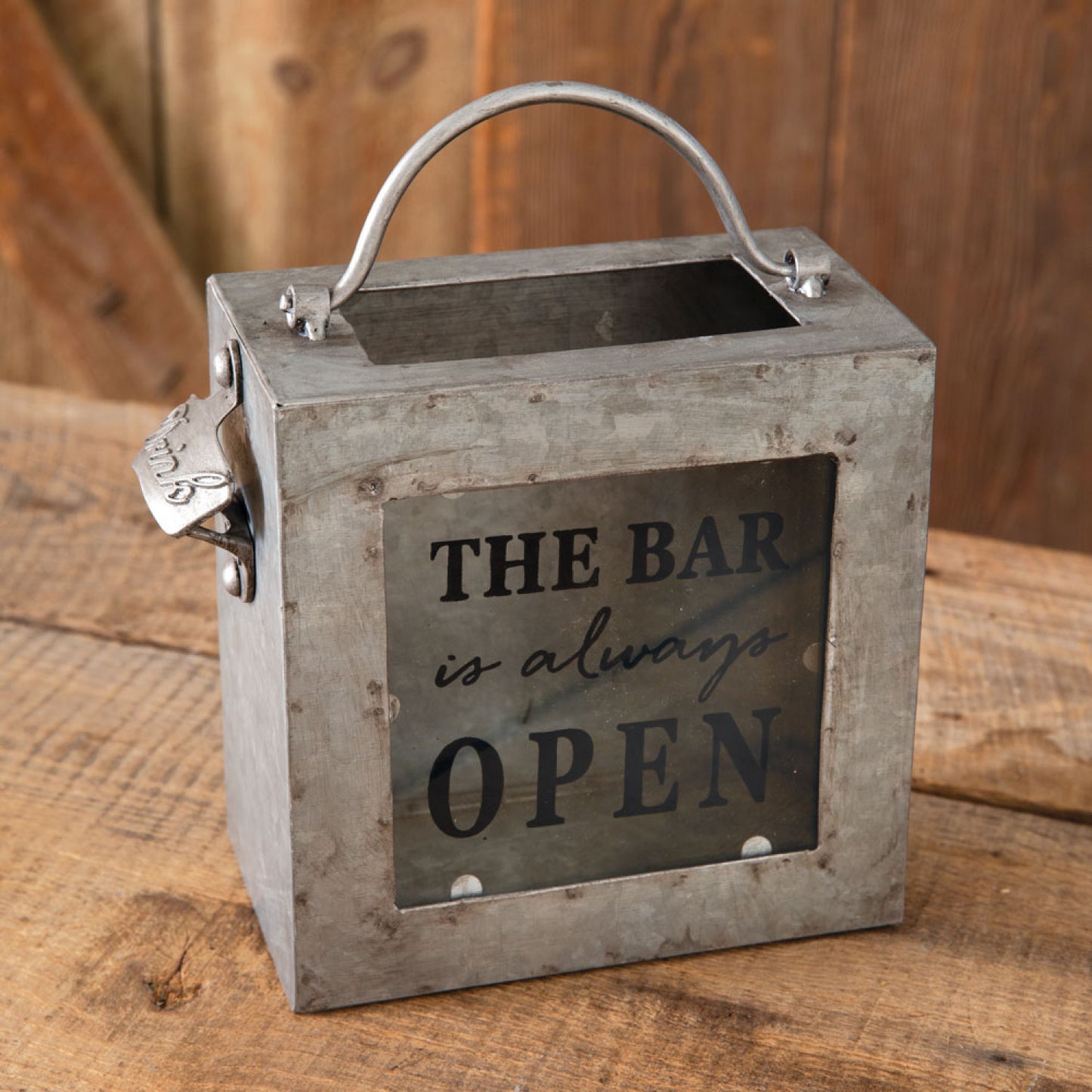 The Bar is Always Open  -Galvanized bottle opener bin